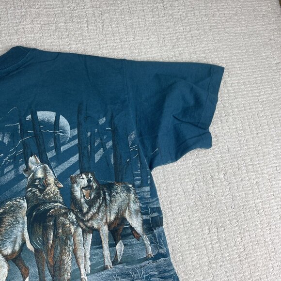 Vintage USA MADE Wolf Print T Shirt Men’s L All Over Print AOP Nature 90s - Picture 10 of 16